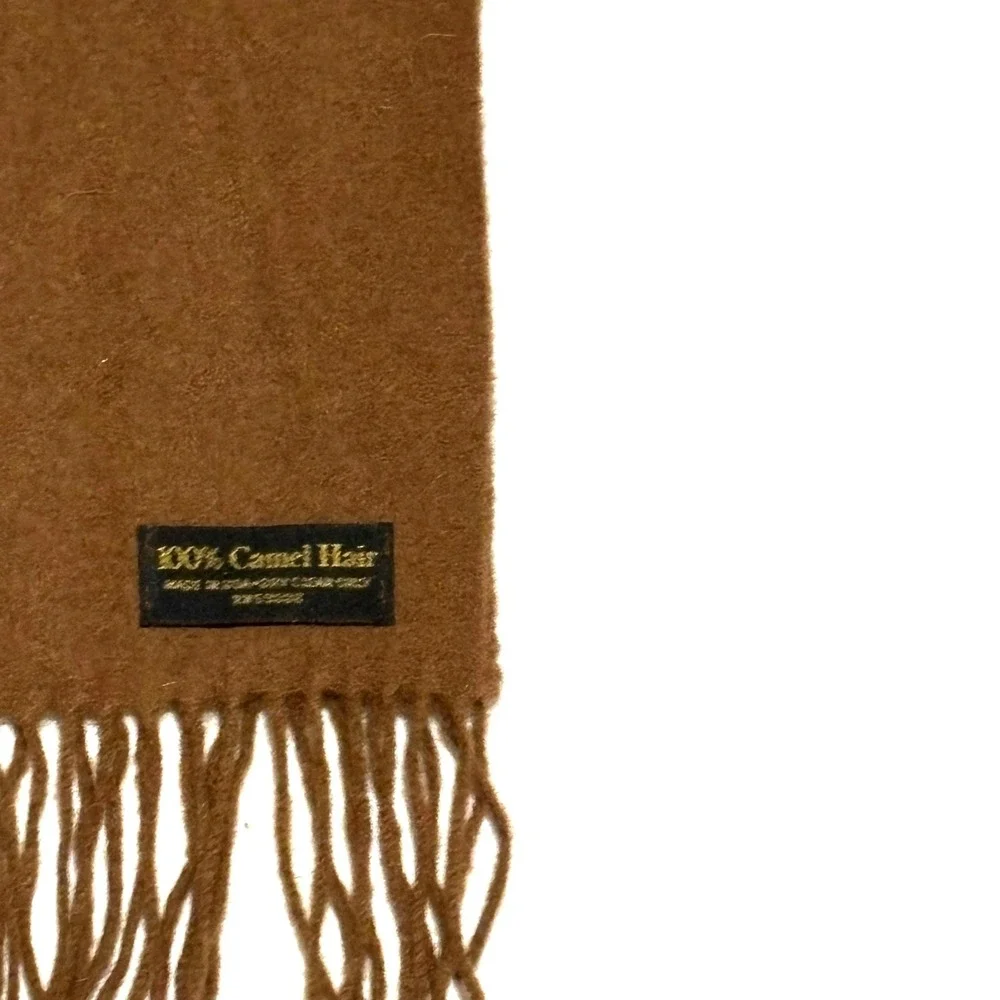 Vtg Camel Hair Scarf Unisex OS Brown Fringe Made in USA Luxury Minimalist Soft
